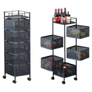 5 Tier Rotating Rolling Storage Cart with Top Lid & 360° Wheels, Metal Mesh Rolling Cart Organizer for Fruits Vegetables Groceries Potato Onion Corns, Kitchen Storage Cart No Assembly Black