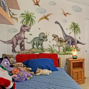A set of 2 pieces (25*70cm*2pcs) with various hand-painted dinosaur, cloud and coconut tree wall stickers, suitable for living room, bedroom and home background decoration, self-adhesive stickers Decorative Wall Sticker MS3337-YL