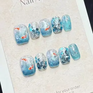 10pcs Cute Ice Blue Cat Eye Koi Fish Press on Nails, Summer Japanese Style Decor, Removable Reusable Manicure for Ladies