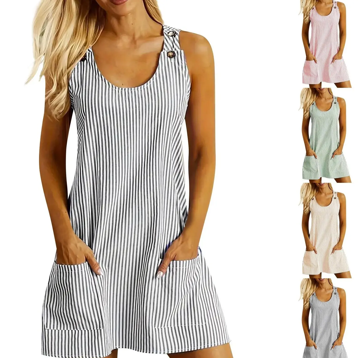 Women's Army Striped Patchwork Sleeveless U-Neck Mini Dress - Casual Summer Sun Dress with Pockets, Button Straps, Breathable, Fit