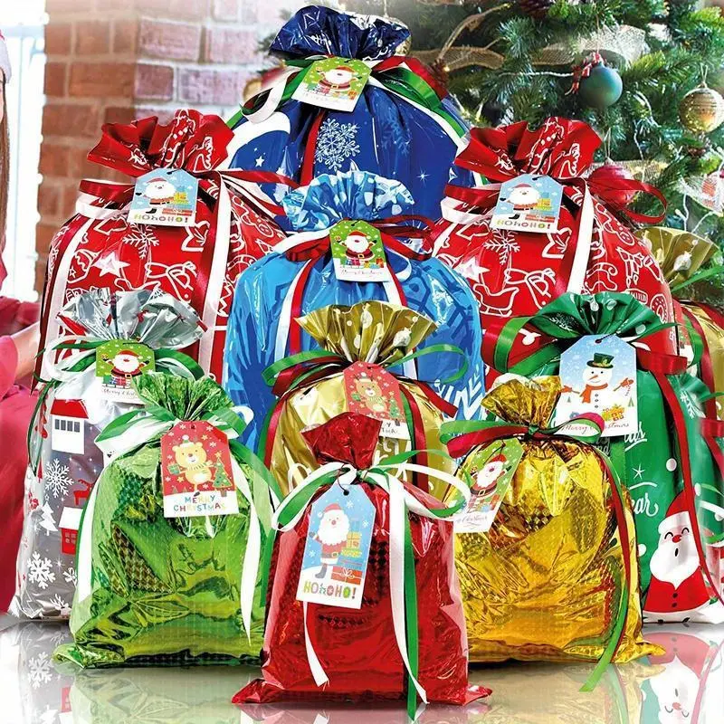 34/ 38sets Christmas Gift Bags, Drawstring & Tie Style Xmas Goody Bags, Assorted Sizes & Festive Patterns, Foil Holiday Treat Bags for Christmas Party Favors, Candy, Wrapping Gifts