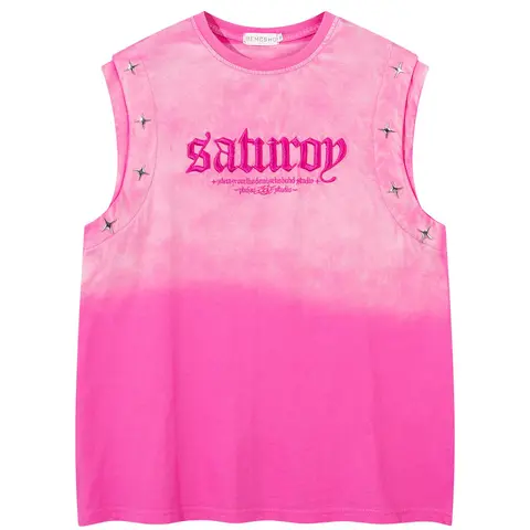 Men's American Retro Style Ombre Print Letter Embroidery Metal Star Decor Round Neck Tank Top, Loose Trendy Comfy Breathable Sleeveless Top for Summer, Fashion Men's Casual Clothes for Daily Wear, Tank Vest, Fashion Tank Tops