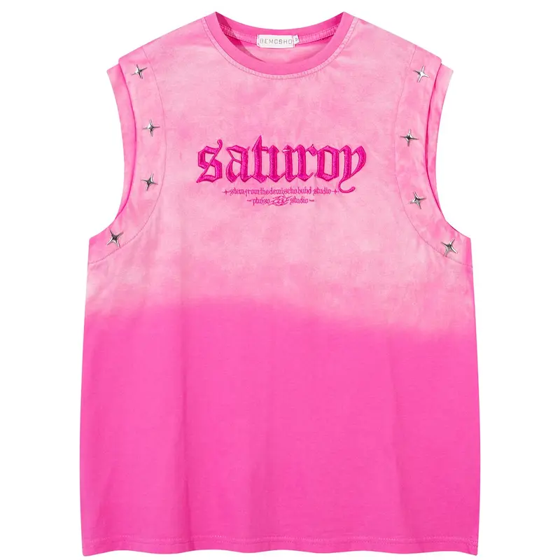 Men's American Retro Style Ombre Print Letter Embroidery Metal Star Decor Round Neck Tank Top, Loose Trendy Comfy Breathable Sleeveless Top for Summer, Fashion Men's Casual Clothes for Daily Wear, Tank Vest, Fashion Tank Tops