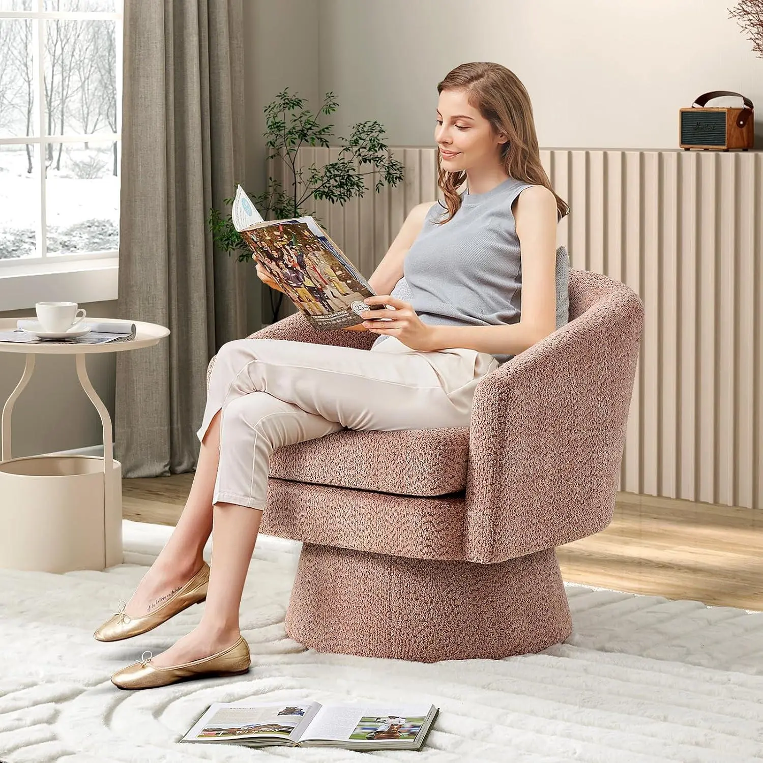 Garvee Pink 360° Swivel Chenille Accent Chair with Arms, Curved Back, Soft Cushion & Round Shape - Comfy Indoor Furniture Chair for Living Room, Bedroom