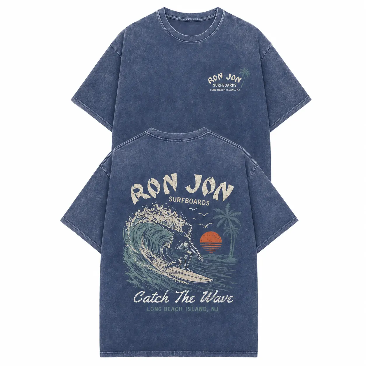 Ron Jon Surfboards Catch The Wave Surfer Long Beach Island NJ Double Sided Unisex Washed Blue Tshirt Mens Vintage Graphic Tee, Boyfriend fit shirt, Oversized unisex top for women, Retro surf streetwear, Summer beach aesthetic, Ocean vibe
