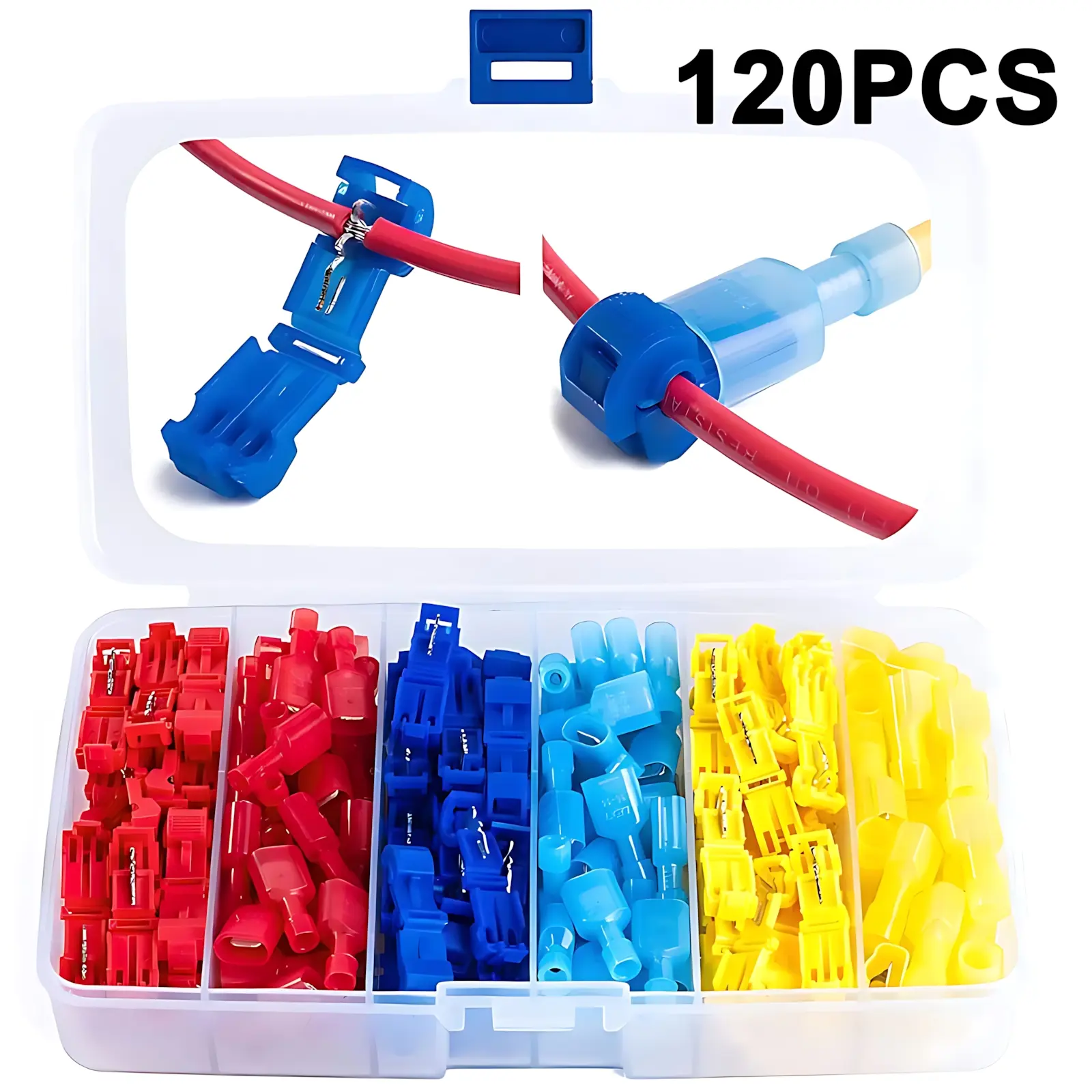 120pcs Snap Lock T-Tap Clip Connectors & Terminals Kit Box, Quick Cable Connector with No-Strip Design, Fast Electrical Fix, Loose Wire Prevention, Ideal for DIY Home Improvement, Auto Wiring, Boat Repair