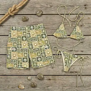 [Hot Summer 2026 Matching Set] Sage Green Matching Couple Swimwear Set, Geometric Tile Bikini and Men’s Swim Trunks for Tropical Beach Vacation