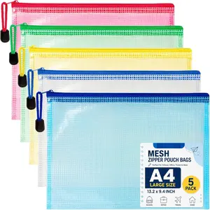 Mesh Zipper Pouch Bags - 5 Pack Large  Zipper Bags 13.2 x 9.4 Inch Clear Mesh Storage Pouches  Colors for , Office, School, Travel, Puzzles, Board , , Accessories