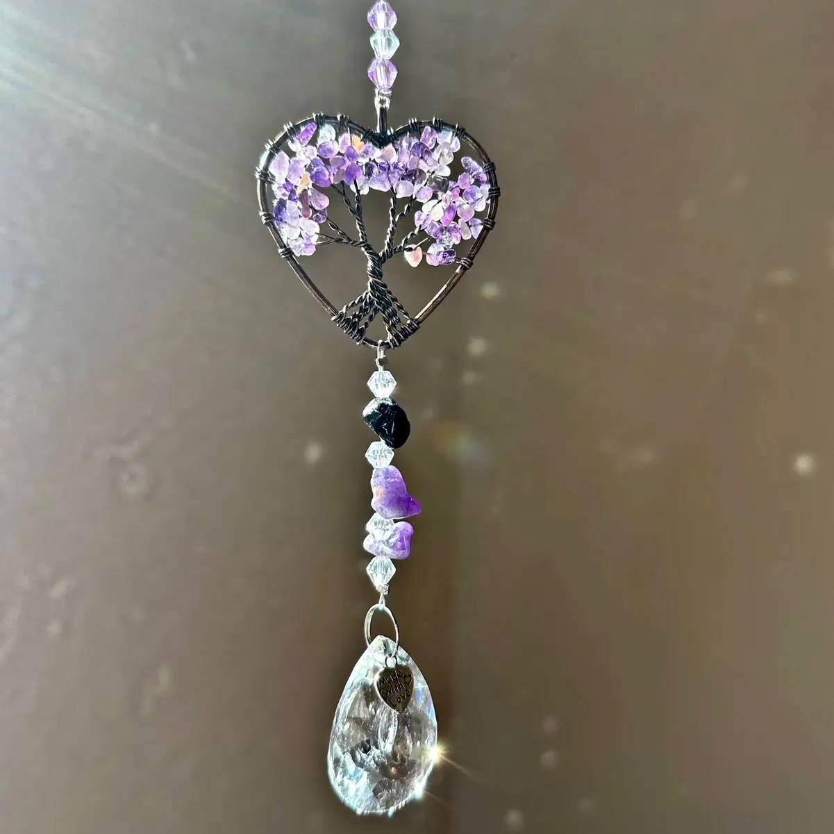 Hanging Amethyst Crystal Heart Suncatcher, Tree of Life Sun Catcher, Hanging Car Suncatcher