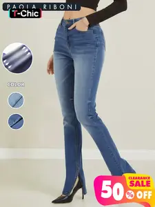 Women's High Elastic Volcanic Rock Split Straight Leg Jeans Pants, Casual Plain Design, High Waisted Design, All Seasons Wear, High Waist Style