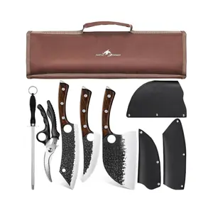 Purple Dragon Butcher Knife Set, 9 Pcs Chef Knife Set - Hand Forged Serbian Chef Knife Meat Cleaver Boning Viking Knives, Kitchen Knives Set with Roll Bag for Home Cooking, Outdoor Camping, BBQ