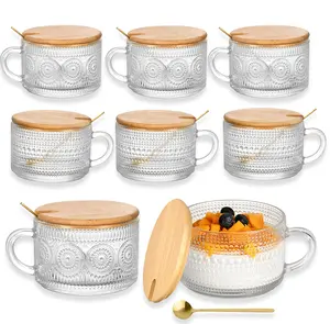 Vintage 8 Pcs 14oz Clear Glass Tea Mugs, Equipped with Lids and Spoons, Multipurpose Drinkware for Iced Coffee, Tea and Daily Beverages