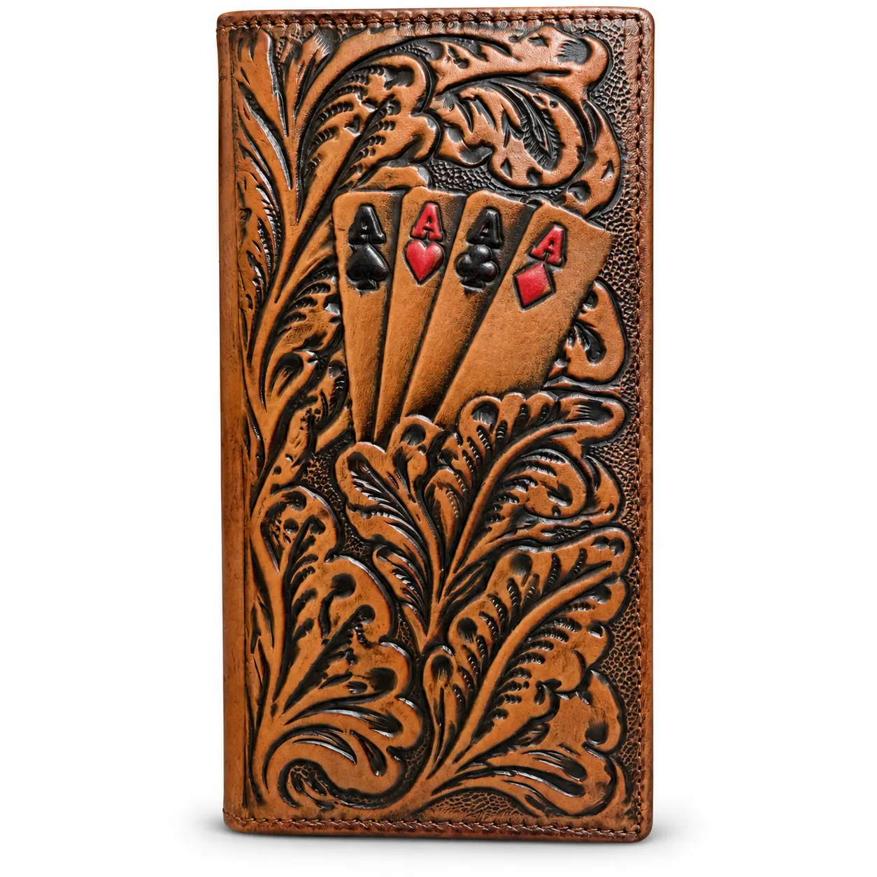 Ace Western Genuine Leather Long Bifold Checkbook Wallet with Floral Tooling, 13 Card Slots & ID Holder