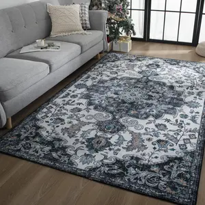 Retro floral carpet, anti-slip machine washable low pile living room rug, soft and non-shedding floor mat, 5x86x9 feet