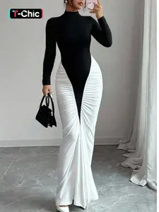 Women's Sexy Ruched Pleats Colorblock Slim Fit Long Sleeve Fabric Dress, Fashion High Neck Bodycon Formal Party Long Dress, Street Clothing for Spring Autumn New Elegance Womenswear