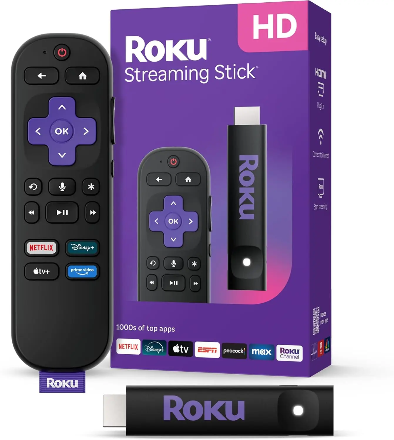 Roku Streaming Stick HD with Voice Remote - Compact Streaming Device for TV, Long-Range Wi-Fi, Free & Live Local News, Sports