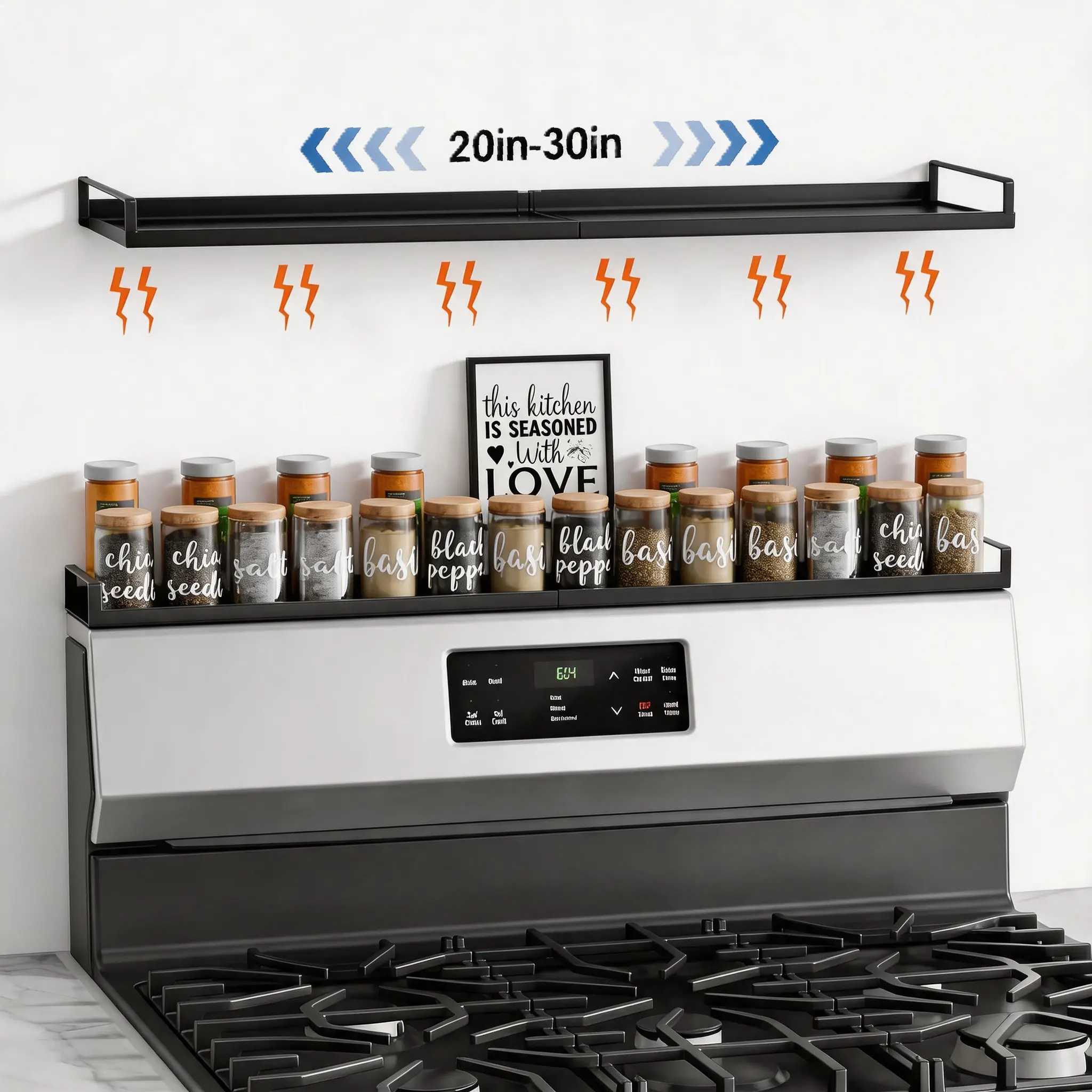 Stove Top Organizer Shelf | 20"-30" Adjustable Heavy-Duty Steel | Keep Spices in Reach & Clear Counter Clutter | Essential Kitchen Upgrade for Small Spaces