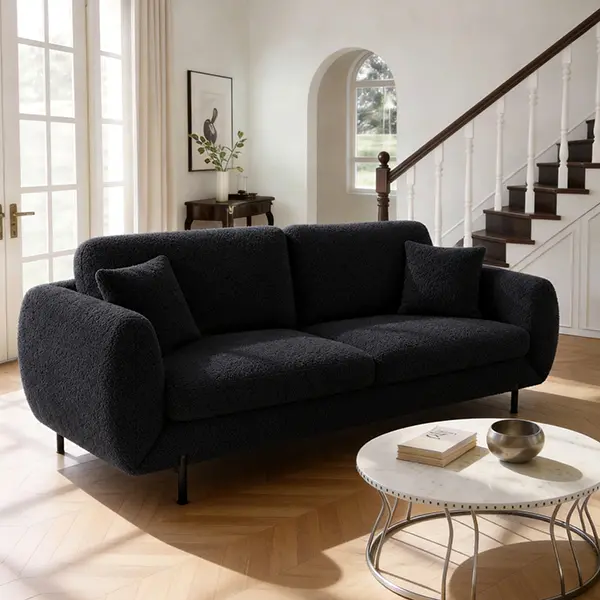 Comfy 82" Loveseat Sofa, Lambswool Recliner Sofas, Deep Seat Couches,  Removable Cover, Easy Assembly Couch For Bedroom Small Spaces, 3-Seater Sofa Set Furniture Black