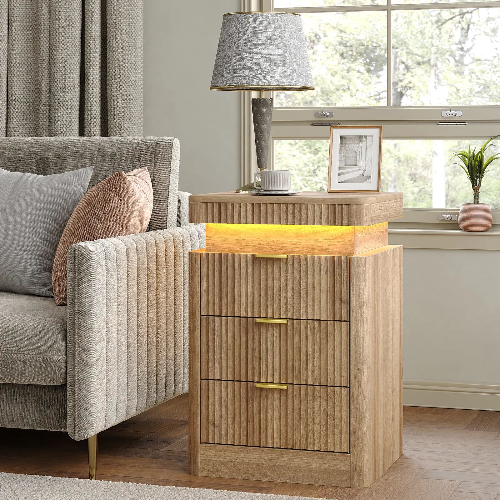 FUSOU Modern Nightstands (Set of 2) - Rectangular Fluted Oak 3-Drawer Stylish Bedside Tables with Charging Station, Sliding Top, Outlets/USB, LED Mood Light (17.7"w x 15.6"d x 26.4"h, Assembly Required) for Small Spaces, Apartment Furniture, Modern Nights
