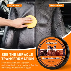 EcoPure Lab 3-in-1 Leather Cleaning Cream - No-Wash Car Interior Cleaner & Conditioner - Built-in Sponge Detailing Product for Leather & Vinyl - Gentle, Non-Irritating & Eco-Friendly