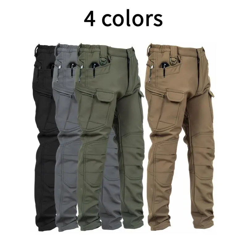 Men's Fleece Cargo Pants, Waterproof Tactical Pants, Loose Leisure Windproof Waterproof Outdoor Pants, Multi-Pocket Trousers (No Belt), Perfect for Hiking, Camping, Winter
