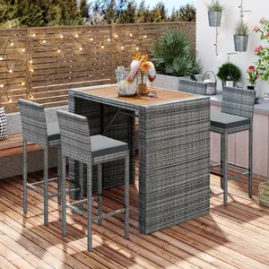 Outdoor Patio Wicker Bar Set 5-pieces, Bar Height Chairs With Non-Slip Feet And Fixed Rope, Removable Cushion, Acacia Wood Table Top, Brown Wood And Gray Wicker