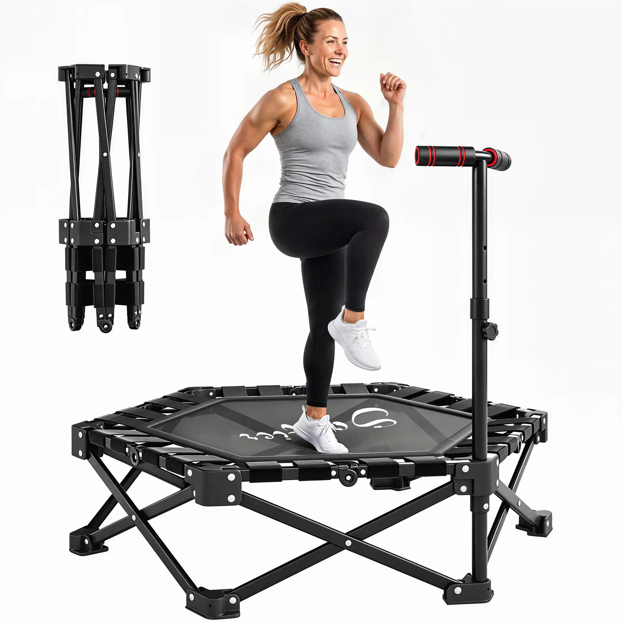 Soozier 40" Foldable Steel Fitness Rebounder for Unisex Adults with Adjustable T-Bar, Anti-Slip Rubber Caps & Carry Bag for Folding Storage, 24 Elastic Bands, Max 264Lbs, Indoor Outdoors, Anti-Slip Rubber Feet, Comes With A Storage Bag