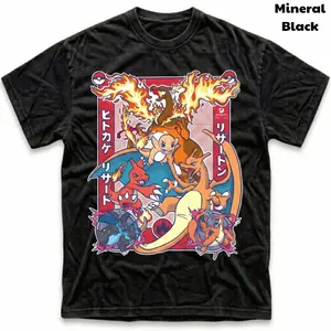 Men's and Women's T-Shirt, Vintage Fire Family Graphic Tee, Pokebon Charizardd T-Shirt, Unisex Gift Manga Anime Tshirt, Gothic Grunge Y2K Emo Scene Amity Affliction Style Clothes Menswear Womenswear Streetwear