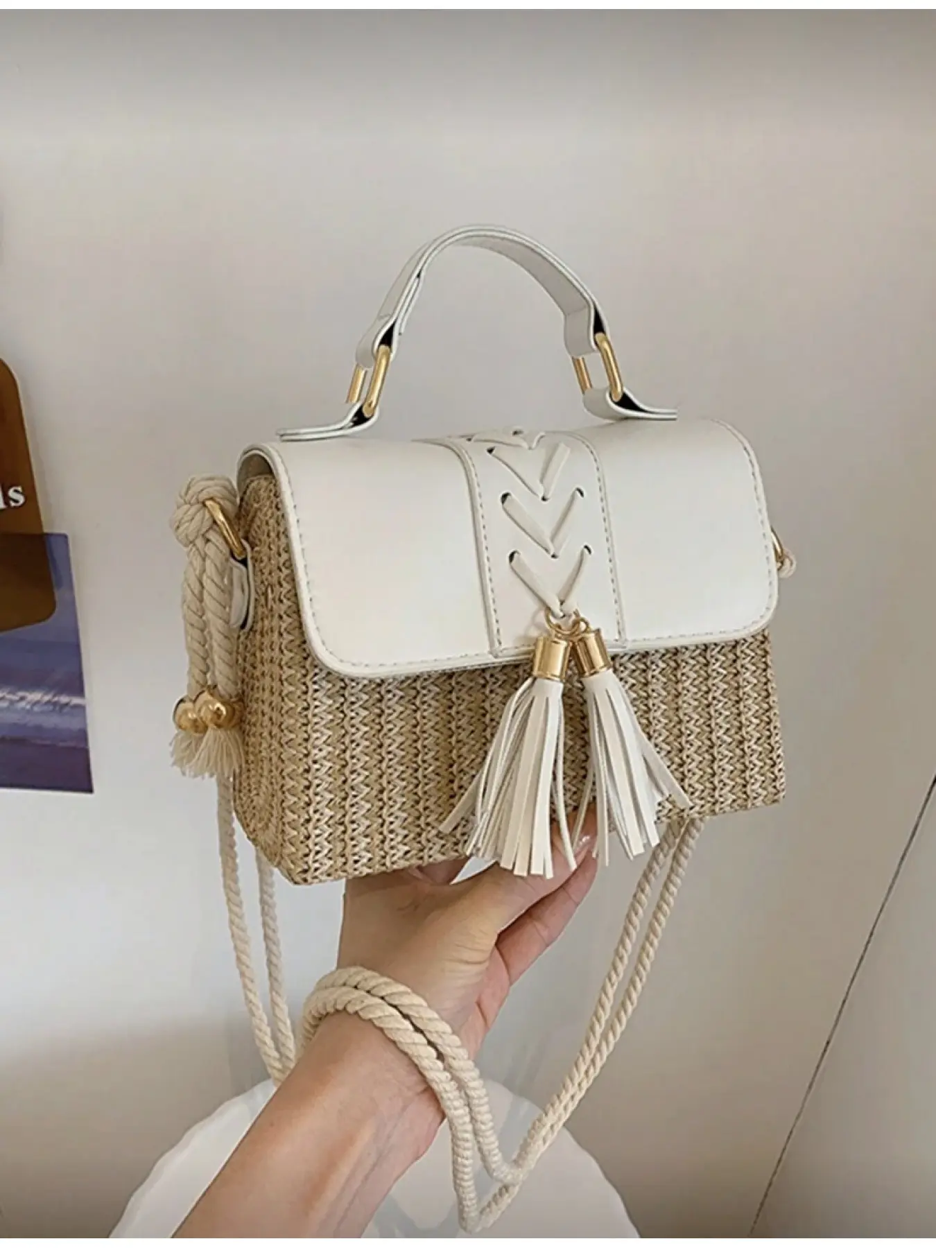 Women s Tassel Handbag Woven Rattan Straw Box Top Handle Bag Color Block Flap Crossbody Bag Handbag Shoulder Purse