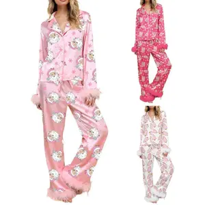 Women Christmas Pajamas Lounge Set Santa/Christmas Tree/Boots Print Shirts Tops and Pants Satin Loose 2 Piece Loungewear Outfits??gift?? Long Sleeve NightwearGift