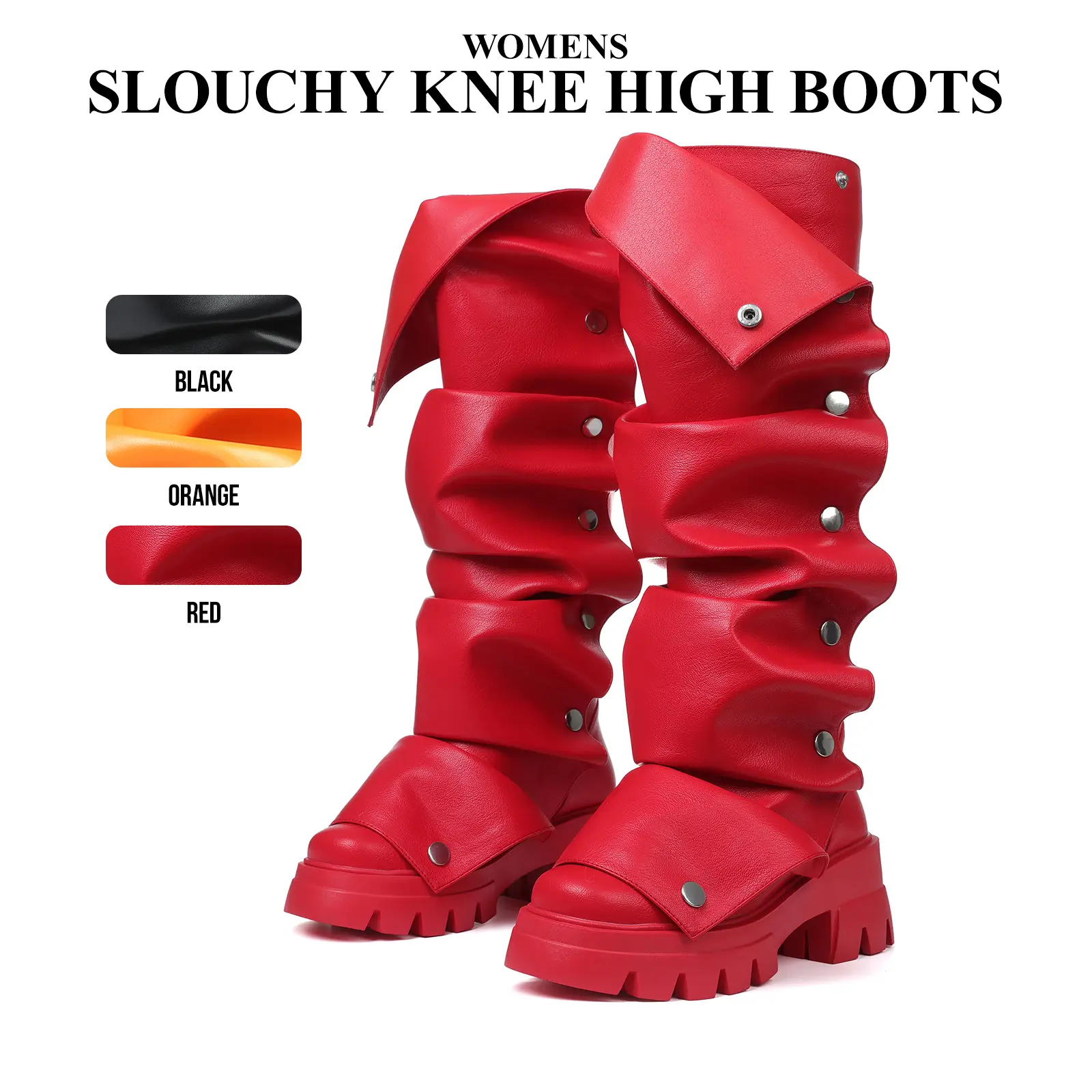 CYNLLIO Womens Slouchy Fold Over Platform Knee High Boots Chunky Heel Round Toe Pull On Comfy Fashionable Detachable Snap Off Metalic Studs Party Holiday Outing Dress Casual Spring Summer Tall Long Boot Deals For You Days