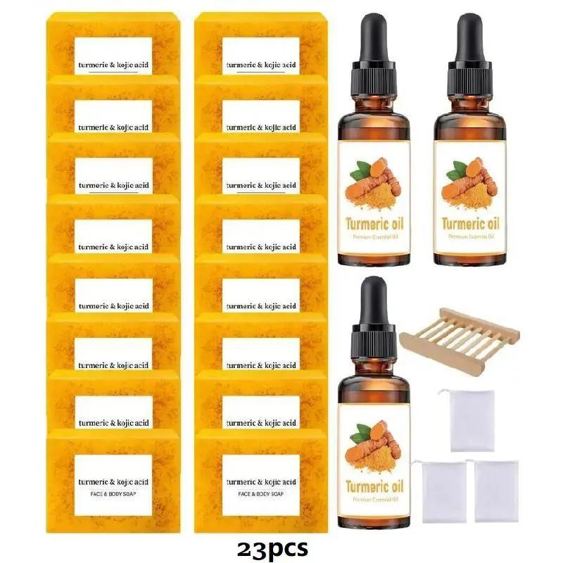 Turmeric Kojic Acid Brightening Soap & Turmeric Face Oil Set, 2 Counts/set Moisturizing Hydrating Skin Care Soap & Face Oil, Daily Skincare Set for Women & Men, Hyaluronic