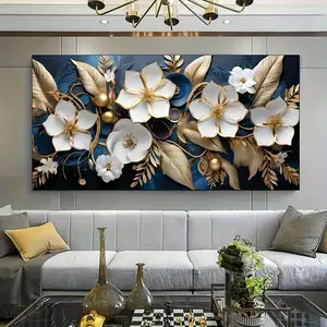 1 piece framed canvas painting, elegant white flowers with metal accessories on blue background, perfect for bedroom and living room decoration, bedroom wall art