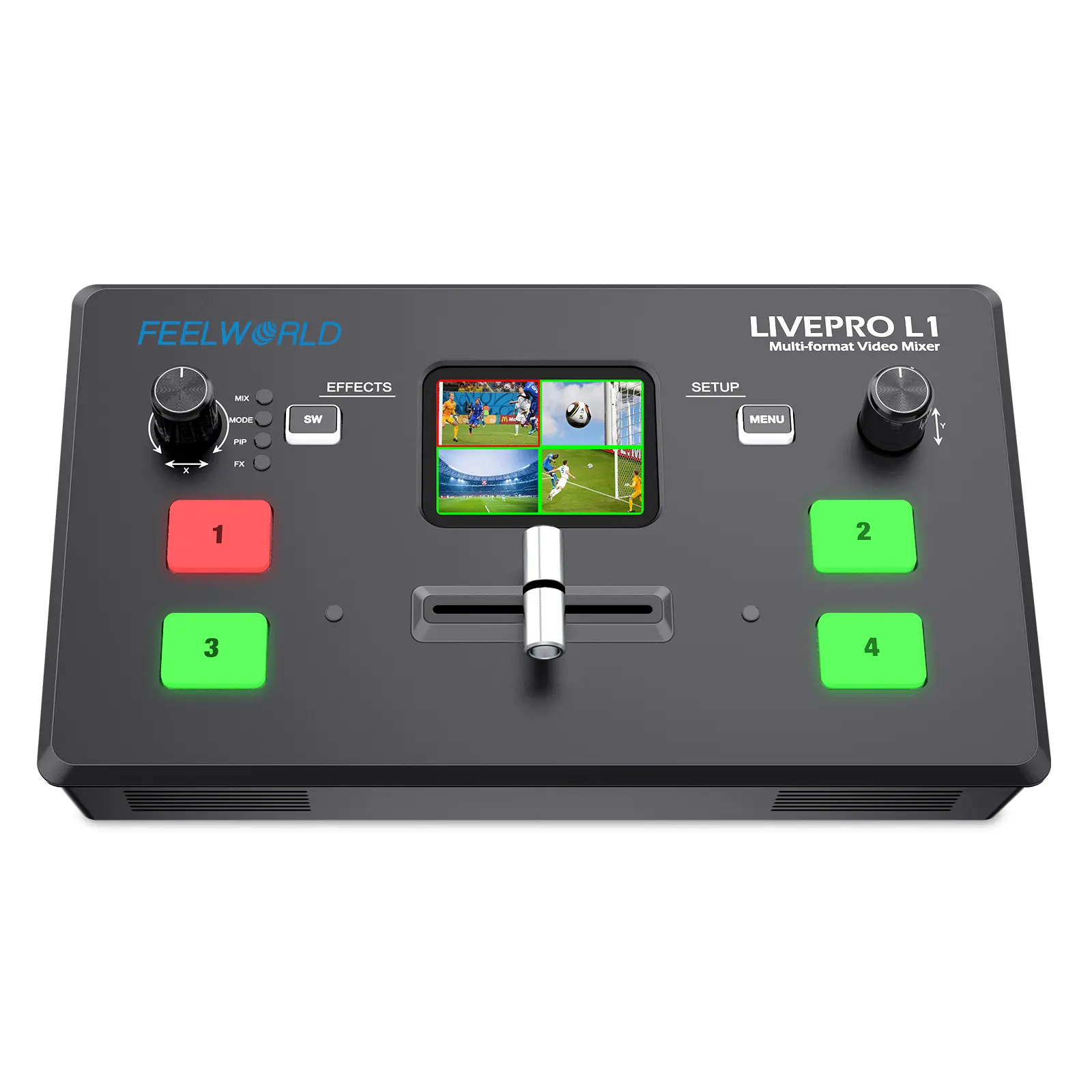 FEELWORLD LIVEPRO L1 V1 Audio Multi Camera Video Mixer Switcher, 2-Inch LCD Display, 4 HDMI Inputs, USB 3.0 Output, Real-Time Production Live Streaming Device, Lightweight, Studio Mixer