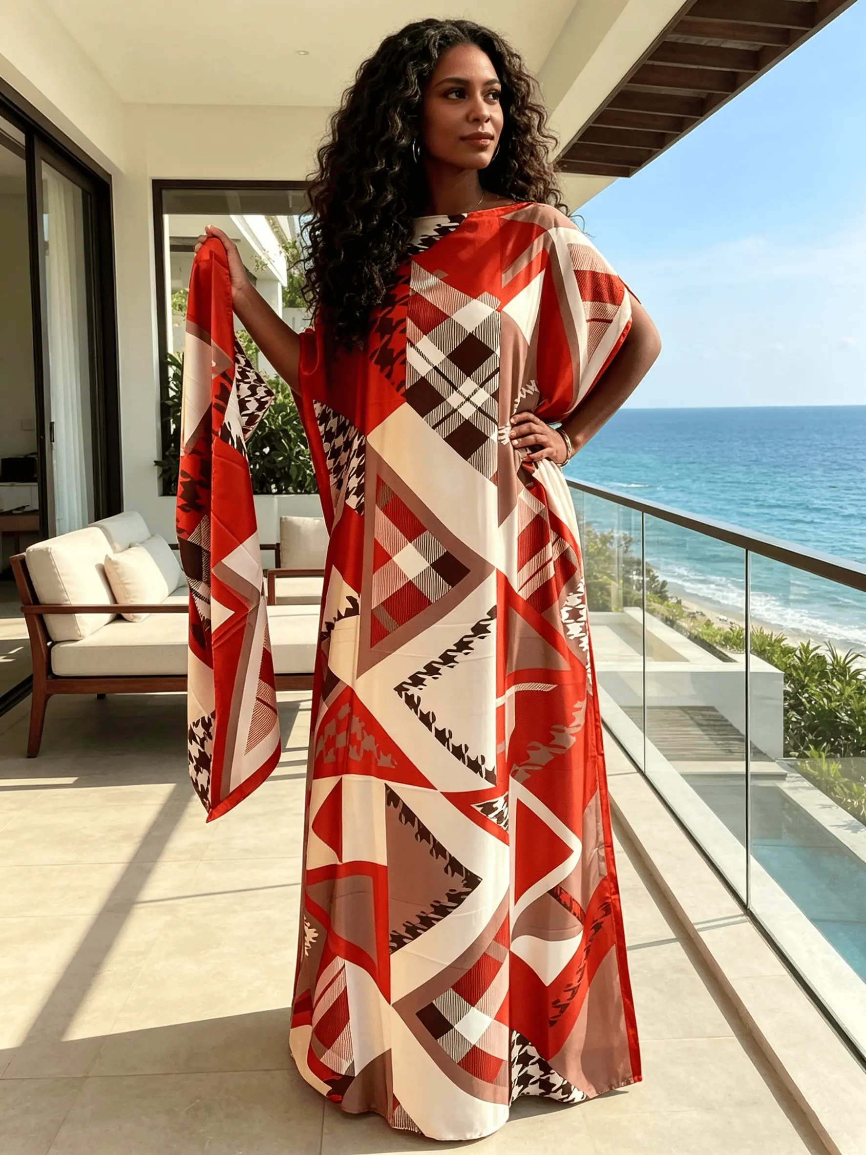 Tribal Geometric Print Kaftan Dress for Women, Muslim Abaya with Headscarf, Batwing Sleeve Maxi Caftan, Modest Beach Cover Up, Dubai Style