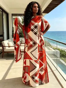 1dress+1scarf Red White Brown Tribal Geometric Print Kaftan Dress for Women, Plus Size Muslim Abaya with Matching Headscarf, Loose Batwing Sleeve Maxi Caftan, Modest Beach Cover Up, Dubai Style Islamic Robe for Vacation, Eid & Casual Loungewear Womenswear