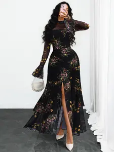 Women's Gothic Floral Print Mesh Fitted Dress, Dark Fashion Split Design Slit, Elegant A-Line Gown, Perfect for Parties and Special Occasions