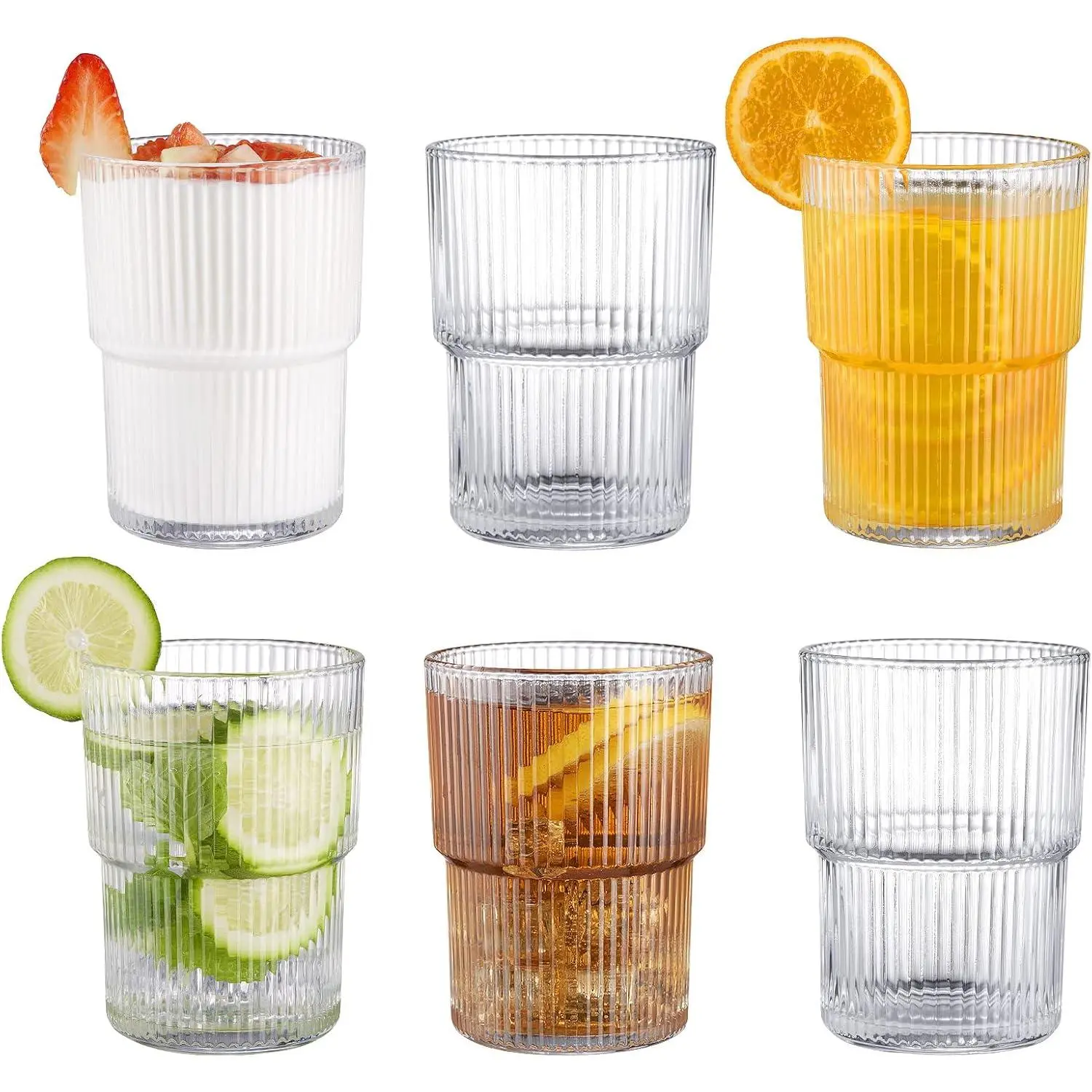 14oz Ripple Ribbed Glassware Set of 6 - Vintage Fluted Glasses for Coffee Lovers, Water Cocktail, Iced Coffee | Home, Party Supplies Drinkware