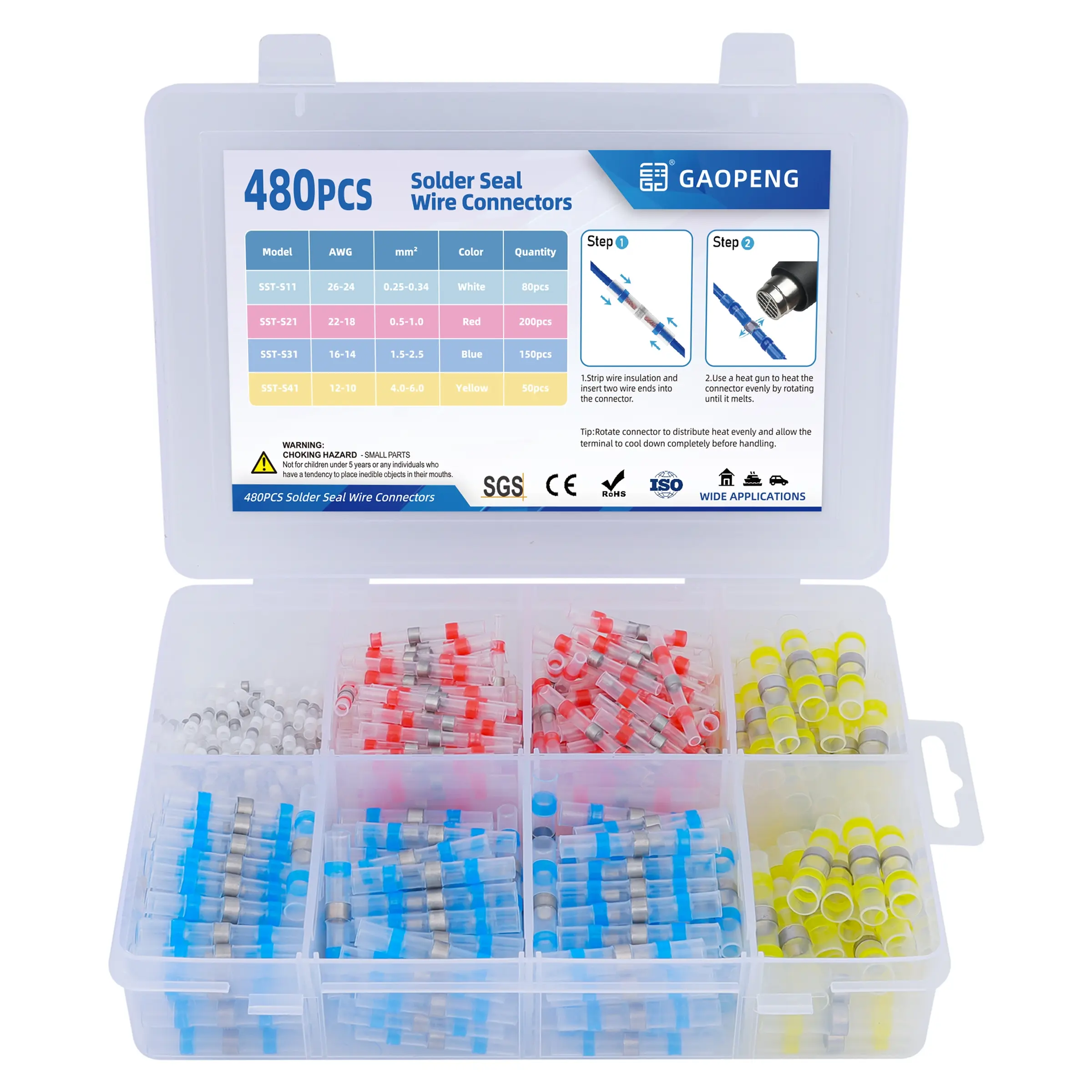 480pcs solder seal wire connector, car heat shrink butt crimp terminal kit, waterpoof solder seal electrical connectors, terminals butt splice for marine automotive, Waterproof Connector, Waterproof Connector Set