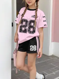 Two-Piece Fashion Print Digital Round Neck Short Sleeve T-Shirt and Shorts Set, Casual Street Style for Girls, Spring Summer Wear