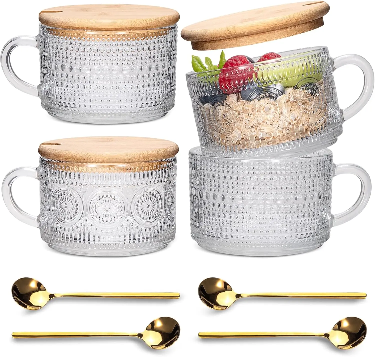 [New Deal] 4pcs Vintage Ceramic Mug Kit - 14 Oz Crystal Glass Embossed Flowers Round Shape Drinkware, Clear Tea Cups with Sealed Bamboo Lids & Spoons