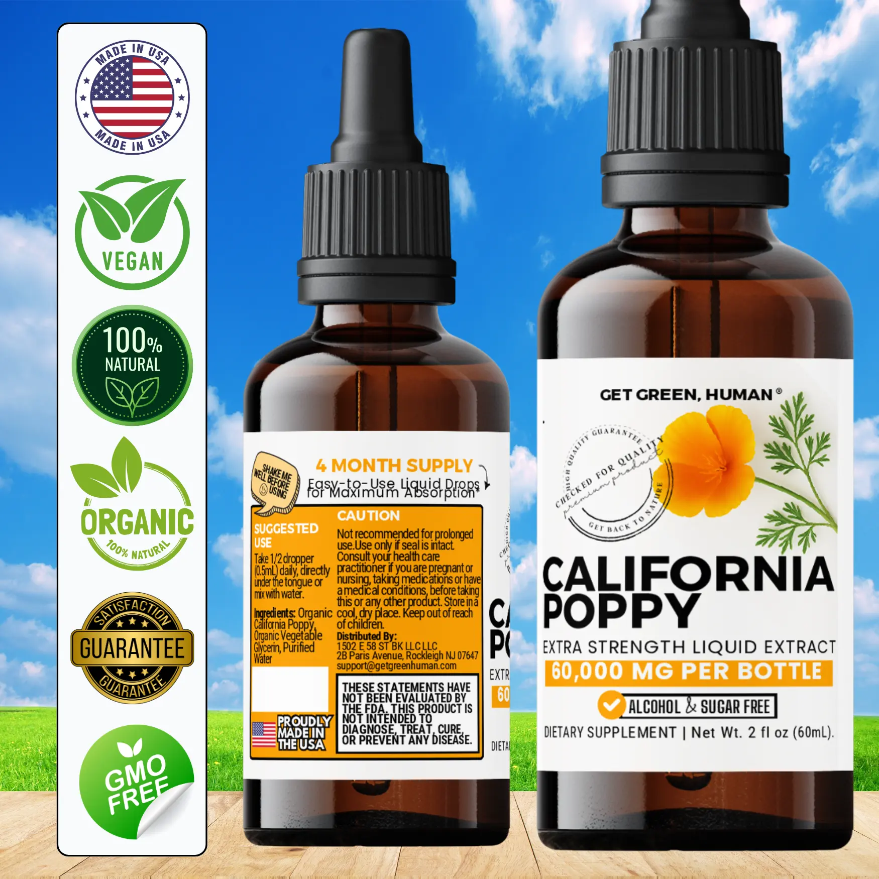 Organic California Poppy Tincture Get Green Human Herbal Liquid Supplement 60000mg for Sleep and Nerve Support with California Poppy Extract