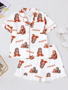 Monkey Punch Children's Pajama 2-Piece Set, Pajama Sets, Pajama Sleepwear, with Shirt Collar and Elastic Waist Pants, Cartoon Monkey Print Short Sleeve PUNCH Letter Pajamas, Suitable for Boys and Girls Middle and Large Sizes for Holiday Parties and Home