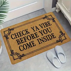 1pc "Check Ya Vibe Before You Come Inside" Non-Slip Flannel Doormat - Super Absorbent Machine Washable Mat, with Decorative Border for Indoor/Outdoor Bathroom, Home, Camping & Holiday Decor , Rugs for Bathroom, Humorous Entrance Mat, Playful Message Mat