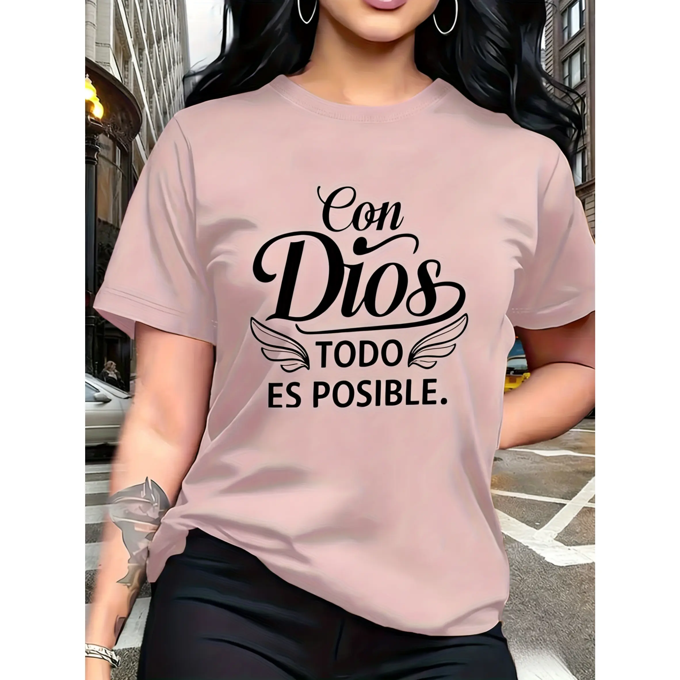 Women's Pure Cotton Printed Short-Sleeve Tee - Christian Tops, Oversized Round Neck, Inspirational "With God All Things Are Possible" Graphic, Loose Casual Women's T-Shirts for Everyday All-Season Wear, Shortsleeve, Inspirational Text