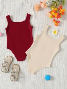Girls' Solid Color Tank Onesie Set of 2, Fashionable Simple Design, Slim Fit, Multi-Color Basic, Soft Skin-Friendly, Inner Layer Outerwear