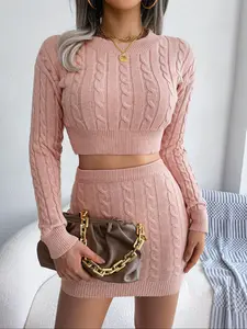 Autumn Winter Casual Sexy Knitted Set, Long Sleeve Crop Top Sweater & Bodycon Skirt, Style, Women's Fashion, Outfit, Womenswear, Clothes