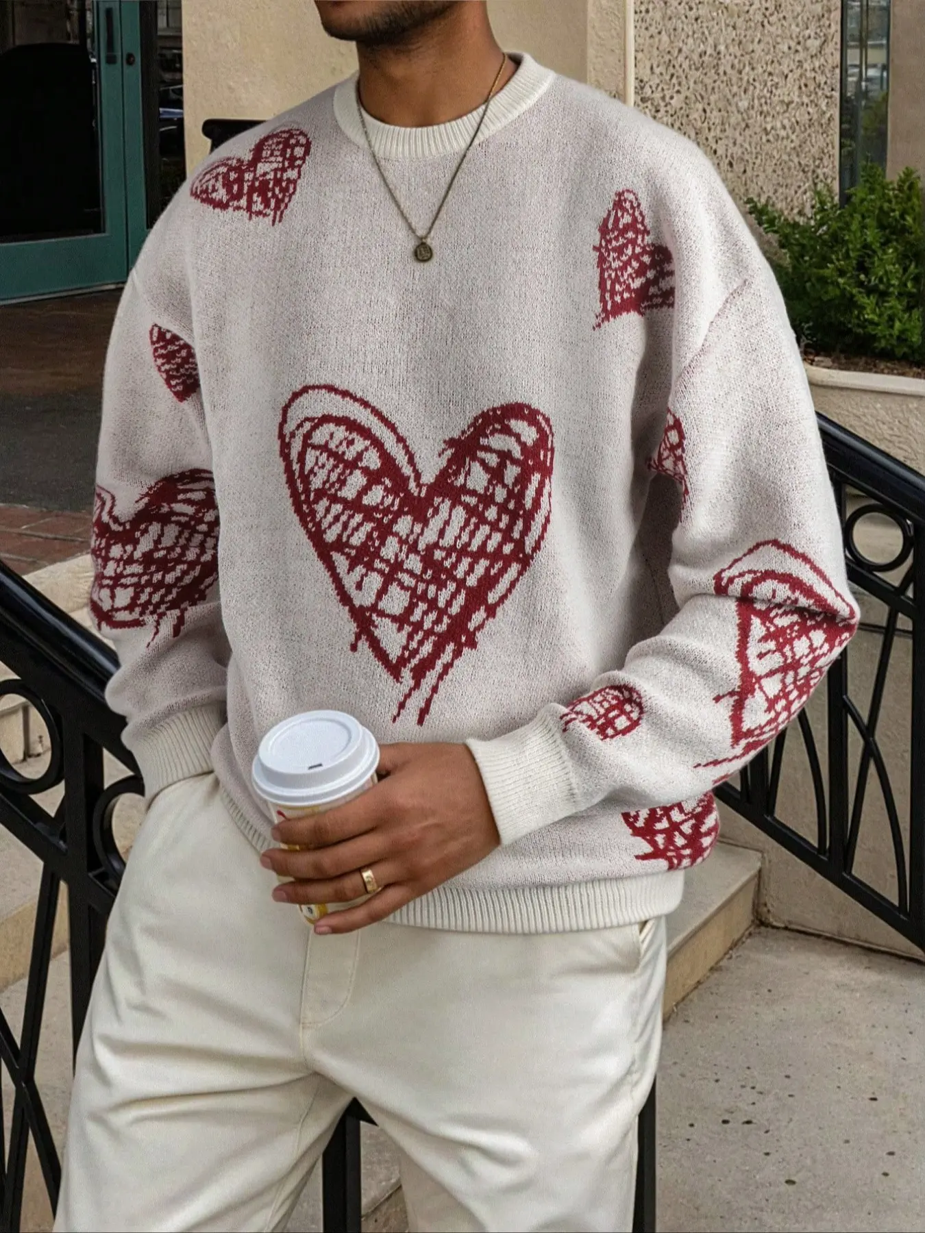 Cute Fall & Winter Unisex Casual Knitwear Sweater with Love Heart Pattern, Loose-Fitting Long Sleeve Pullover for Valentine's Gift, Tops