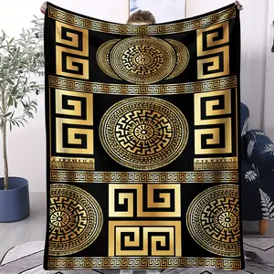Light luxury retro flannel blanket,Featuring black & gold geometric pattern print,Suitable for various occasions such as sofas, beds, travel, naps, offices, camping, and beaches,A luxurious & retro-style throw blanket
