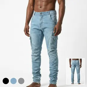 Men'S Slim Fit Cargo Denim Jeans Dark Wash Stretch Poly Fabric Side Cargo Pockets Distressed Raw Hem Ankle Length Breathable Durable Comfortable High Street Streetwear Urban Wear Black Pants Trouser Skinny Jeans Jeans For Men,summerwins